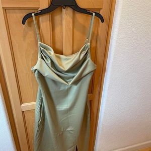 Green Satin Cowl MidiDress with slit size Medium brand new with tags!